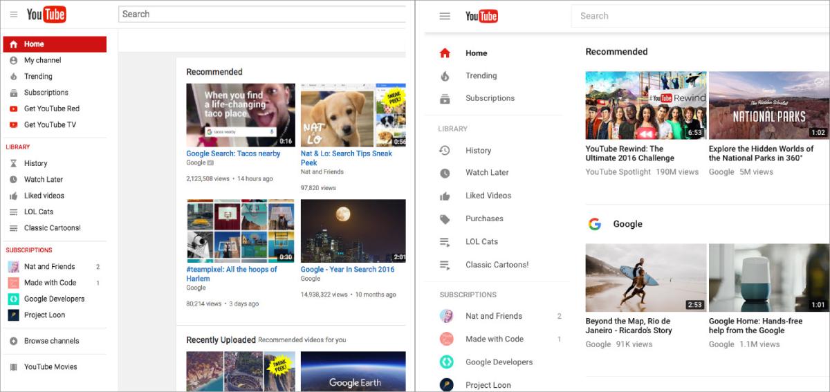 YouTube before and after 2017 redesign